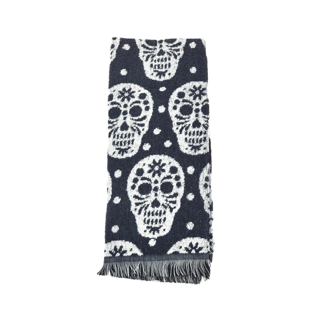 Deborah‎ Connolly Sugar Skull Kitchen Towels Set of 2 Black White Fringe NWOT